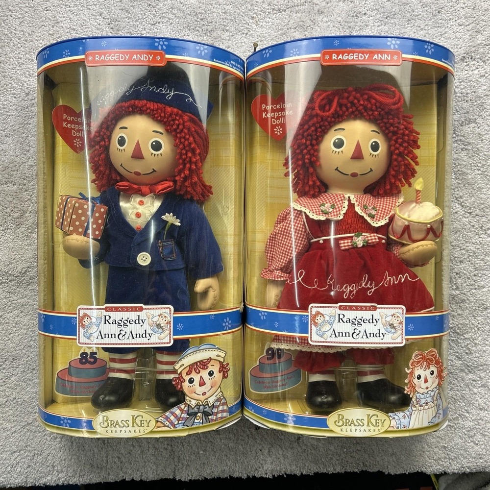 2005 Brass Key Raggedy Ann and Andy Porcelain Dolls 85/90 B-Day Orig Boxes 17"